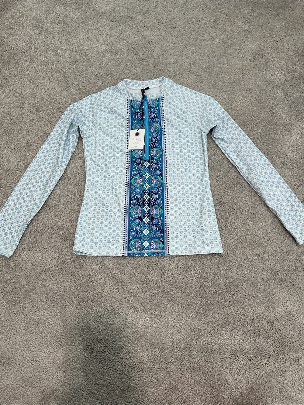 Long-Sleeve Blue Patterned Swim Coverup with Center Panel
